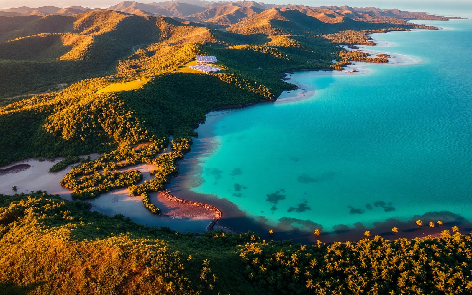 Coastal landscape with mangroves and solar infrastructure